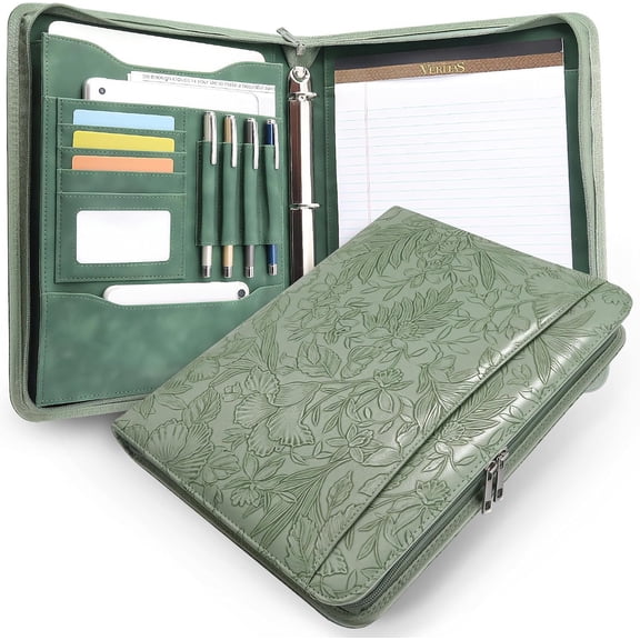 Embossed Faux Leather Zippered Padfolio with 3 Ring Binder, Executive Portfolio Organizer Binder for Women, Fits 13.9" Laptop/Tablet, Refillable Writing Pad Pocket, Green