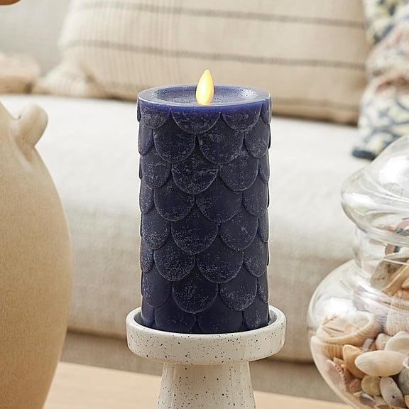 Embossed Fish Scale Flameless LED Candle, Midnight Blue, 3.25" x 6.5", Moving Flame Pillar, Battery Operated with Timer, Indoor