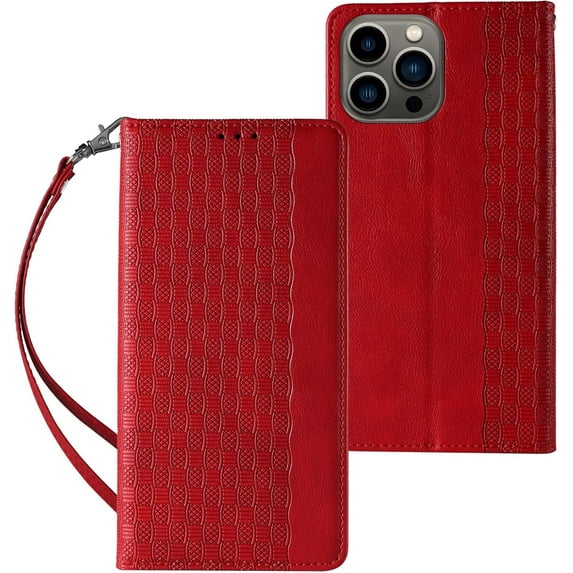 Embossed Flip Wallet Leather Phone Case for iPhone 14 13 12 11 Pro Max Plus Mini, Hanging Rope, Stand, Card Holder Back Cover, Personalized Pattern Bracket Shell(Red,14 Plus)