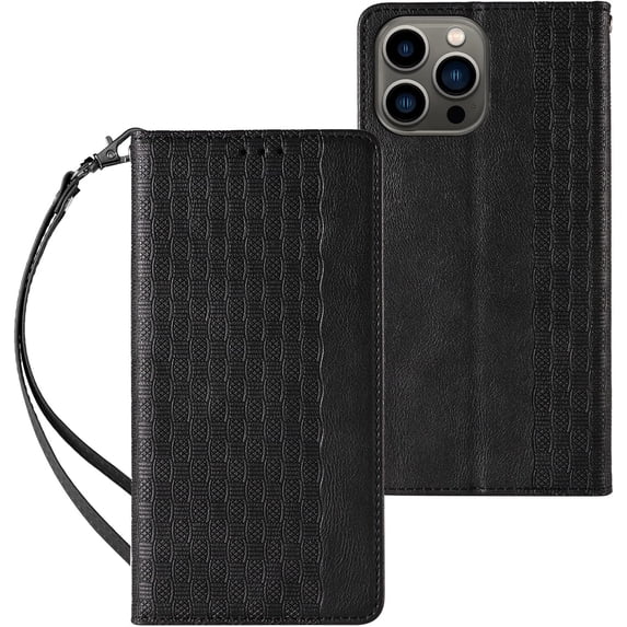 Embossed Flip Wallet Leather Phone Case for iPhone Pro Max/Plus/Pro 15, Hanging Rope, Stand, Card Holder Back Cover, Personalized Pattern Bracket Shell Black