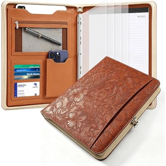 Embossed Floral PU Leather A4 Zippered Portfolio Organizer, 3 Ring Binder Business Padfolio with Writing Notepad, fits A4 Document and 9.7" Tablet, Professional Pad Case for Office Meeting