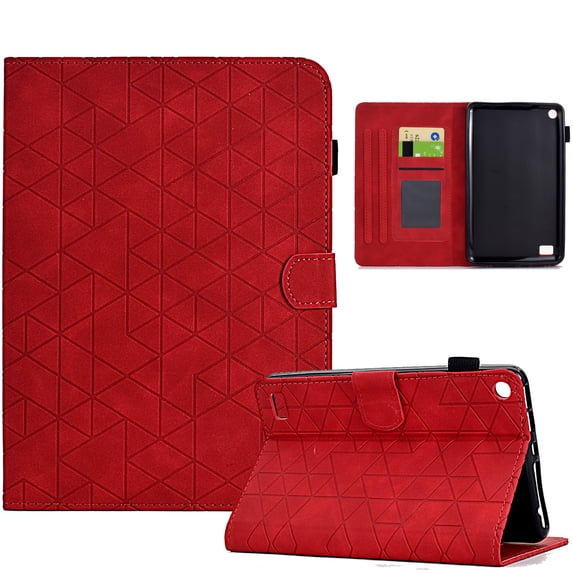 Embossed Folio Flip Smart Case for Amazon Fire HD 7 2019/2017/2015, Premium PU Leather Kickstand Card Slots Magnetic Auto Sleep / Wake with Pen Slot Case for Fire HD 7 2019/2017/2015, Red
