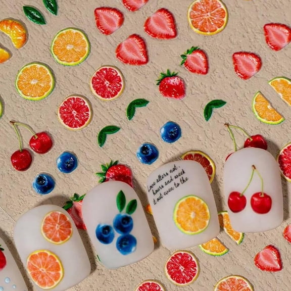Embossed Fruit Nail Art Stickers - 5D Half-Cut Cherry Strawberry and Orange Design Self-Adhesive Realistic 3D Effect Nail Decals for Little Girls Kids DIY Summer Manicure (1 Sheets)