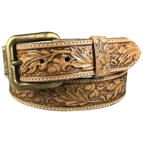 Embossed Full Grain Leather Belt - Oak Leaf (26 for 24" Waist)