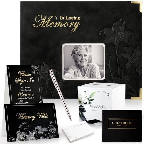 Funeral Guest Book Set - Includes Guestbook, Memory Cards, Pen & Sign - Celebration Of Life Memory Kit
