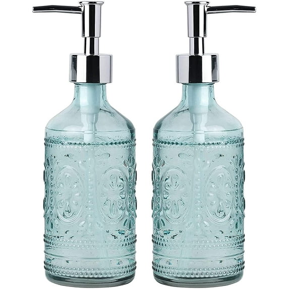 Embossed Glass Soap and Lotion Dispenser Bottles with Plastic Pump-12OZ-Set of 2 (Blue)