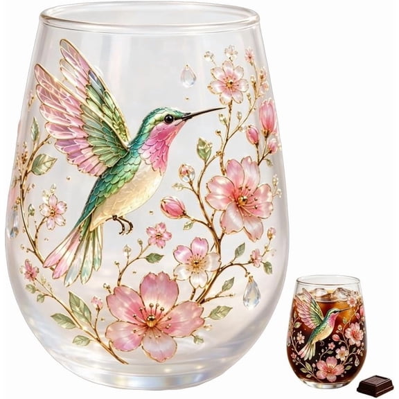 Embossed Glass Tea Cup Hummingbird Floral Gold Rim 14oz Clear Glass Mug for Tea Coffee Cold Drinks (Hummingbird,1pc)