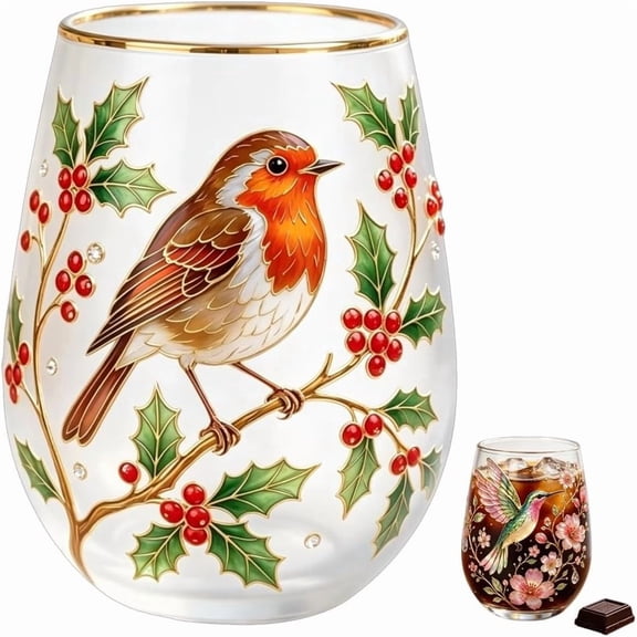 Embossed Glass Tea Cup Hummingbird Floral Gold Rim 14oz Clear Glass Mug for Tea Coffee Cold Drinks (Robin,1pc)