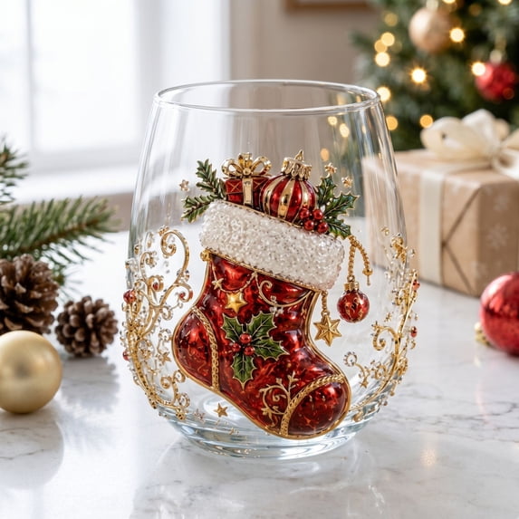 Embossed Glass Tumbler Holiday Drinkware Stemless Wine Cup Festive Reindeer Snowman Pattern For Winter Dining Orange