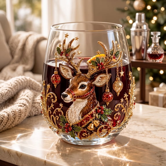Embossed Glass Tumbler Holiday Drinkware Stemless Wine Cup Festive Reindeer Snowman Pattern For Winter Dining Watermelon Red
