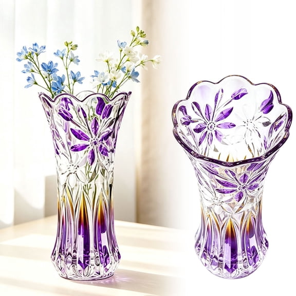 Embossed Glass Vase Scalloped Wavy Rim Crystal Flower Vase For Home Decor Housewarming Gift(Purple-24Cm)