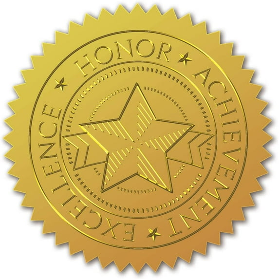 Embossed and Gold Foil Certificate Seal Honor Achevement Excellence Self Adhesive Embossed Seals Gold Stickers 100pcs Medal Decoration Labels for Envelopes Diplomas Certificates Graduation Gold
