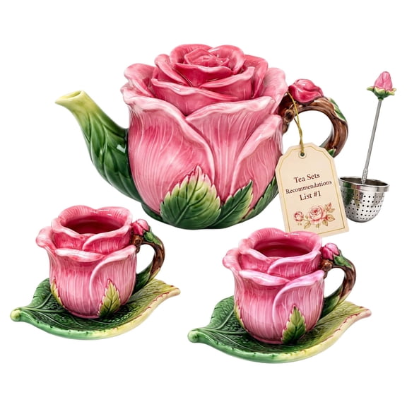 Embossed Leaf Ceramic Rose Teapot With Built In Strainer Elegant Drinkware Set For Valentines Daily Household Use