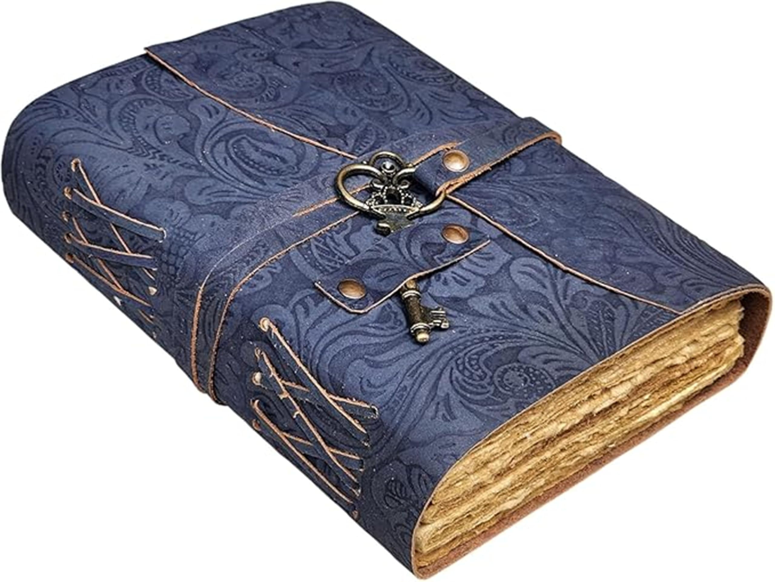 Moonster Leather Journal - Handmade Vintage Writing Notebook With Heart Embossed Cover, Unlined 240 Pages