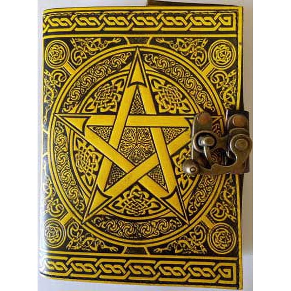 Embossed Leather Pentagram In Rich Yellow Relief Writing Creative Journal Diary Dream Notebook Brass Latch Closure 240 Pages Handmade Linen Parchment Paper 5" x 7"