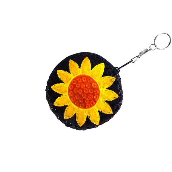 Embossed Leather Round Sunflower Keychain Coin Purse Zipper Pouch - Womens Fashion Handmade Bags Boho Travel Accessories