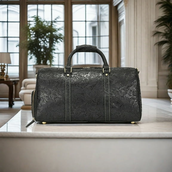 Embossed Leather Travel Duffle Bag 20-in, laptop bag, camera bag, Overnight Weekend Leather Bags Sports Gym Duffle, with Adjustable Shoulder Strap (Brown Pattern)