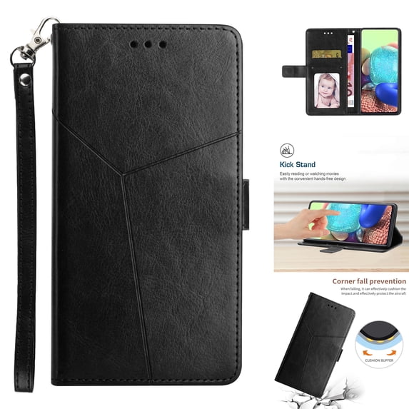 Embossed Leather Wallet Case for iPhone 14 Plus, Premium PU Leather Wrist Hand Strap Card Slots Holder Flip Folio Cover with Kickstand Magnetic Clasp Anti-Fingerprints Case,Black