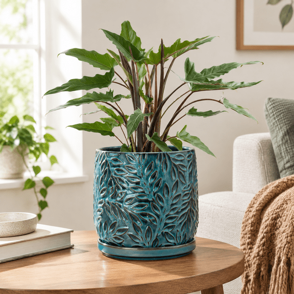 Embossed Leaves Ceramic Planter 8 In Teal 27-a-q-8