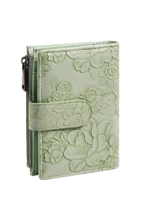 Embossed Light Green PU Leather Trifold Wallet for Women, RFID Blocking Short Purse with Card Slots, Coin Pocket, Buckle Closure, Metallic Zipper, Credit Card Holder