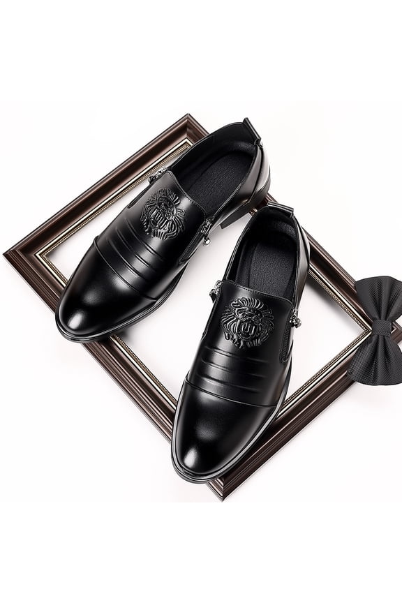 Embossed Lion Head Double Monk Strap Pointed Dress Loafers