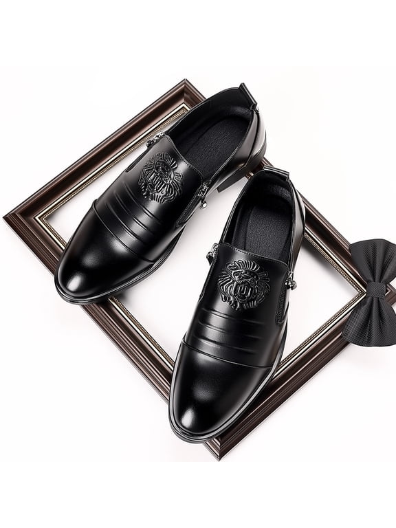 Embossed Lion Head Double Monk Strap Pointed Dress Loafers