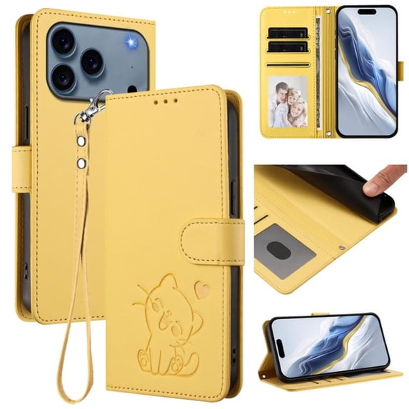 Embossed Love Cat Wallet Leather Case for Apple iPhone 18 Pro 6.3", Card Holder, Wristband, Kickstand Shockproof Phone Cover,Yellow,For iPhone 18 Pro