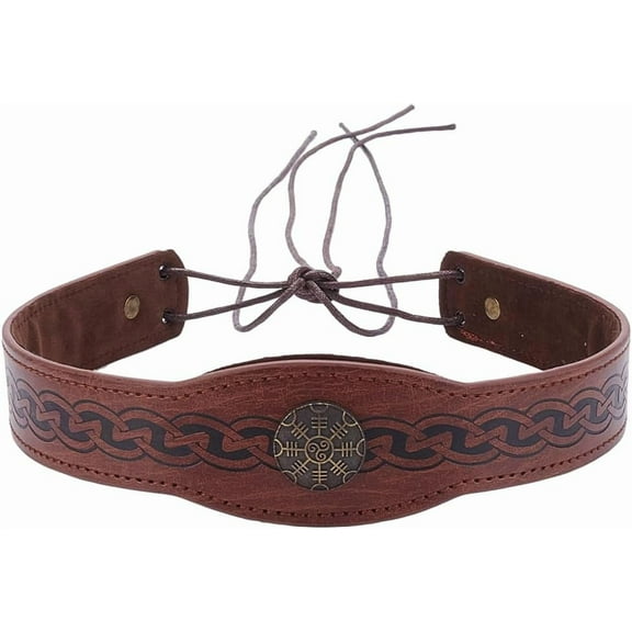 Embossed Medieval PU Leather Head Band Brown Retro Headpiece Adjustable Vintage Viking Leather Headband Hair Band Saddle Brown