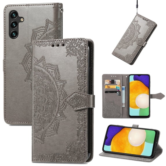 Embossed PU Leather Wallet Phone Case for Samsung Galaxy S24 FE,Full Protection Magnetic Clasp Flip Stand Card Slots Shockproof Protective Cover with Hand Strap For Samsung Galaxy S24 FE,Gray