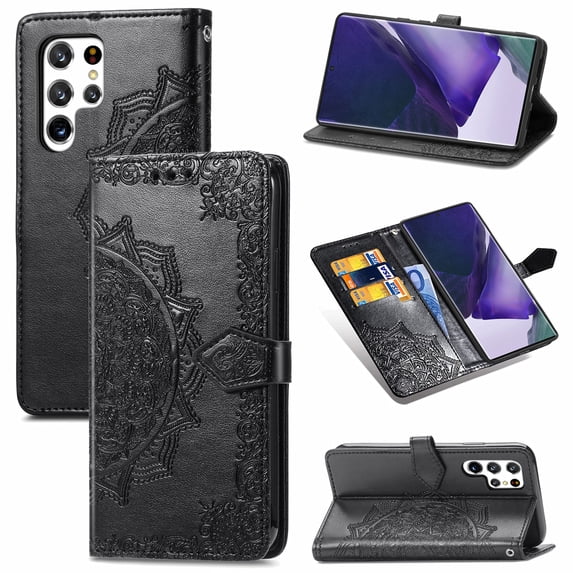 Embossed PU Leather Wallet Phone Case for Samsung Galaxy S25 Ultra,Full Protection Magnetic Clasp Flip Stand Card Slots Shockproof Protective Cover with Hand Strap For Samsung Galaxy S25 Ultra,Black