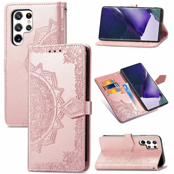 Embossed PU Leather Wallet Phone Case for Samsung Galaxy S25 Ultra,Full Protection Magnetic Clasp Flip Stand Card Slots Shockproof Protective Cover Hand Strap For Samsung Galaxy S25 Ultra,Rosegold