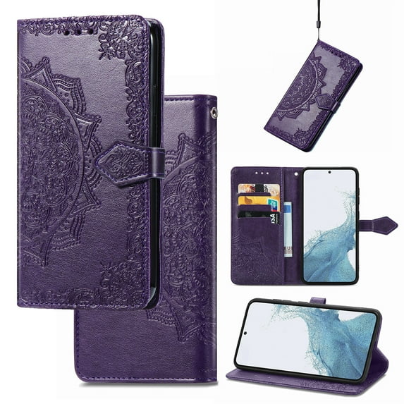 Embossed PU Leather Wallet Phone Case for iPhone 16e,Full Protection Magnetic Clasp Flip Stand Card Slots Shockproof Protective Cover with Hand Strap For iPhone 16e,Purple