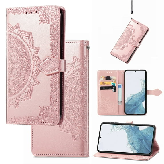 Embossed PU Leather Wallet Phone Case for iPhone 16e,Full Protection Magnetic Clasp Flip Stand Card Slots Shockproof Protective Cover with Hand Strap For iPhone 16e,Rosegold