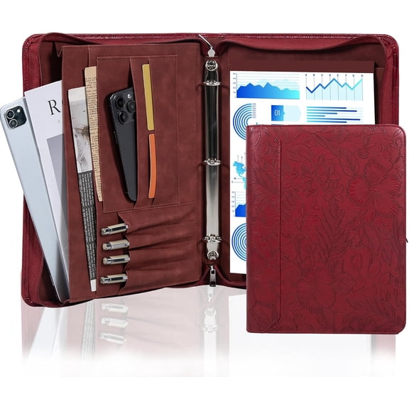 Embossed Padfolio for Women,Zippered Padfolio with 3 Ring Binder,Business Portfolio Organizer for Women with A4 Writing Pad Holder, Leather Portfolio for Meeting,Gift for Valentine's Day