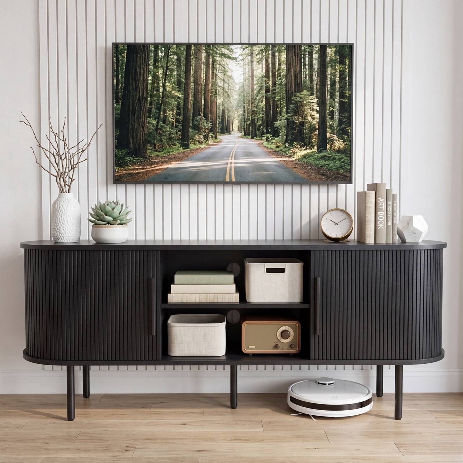 Embossed Particle Board TV Stand, Oval Tabletop 147x35x58cm, Entertainment Center with Slatted Sliding Doors, Modern Media Console Cabinet for Living Room, Black