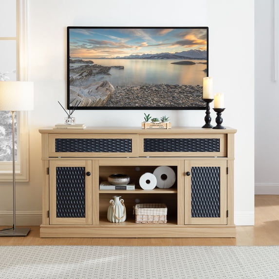 Embossed Pattern TV Stand, TV and Media Console with Open and Closed Storage Space and Sliding Door, Adjustable Shelves, for Living Room & Bedroom, Light Oak