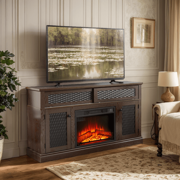 CKEASEAN 58" Fireplace TV Stand with Embossed Door for TVs up to 65", Wooden Entertainment Center with 23'' Electric Fireplace, Open and Closed Storage Space, Rack for Living Room/Office