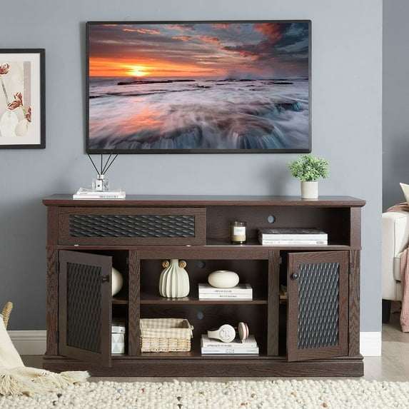 Embossed Pattern TV Stand with Sliding Door 58.27"W*15.35"W*31.7H Sleek Media Console For TVs Up to 65" Living Room
