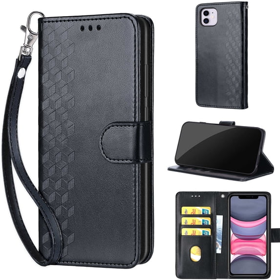 Embossed Pattern Wallet Case for iPhone 11, Flip Luxury PU Leather Case with Card Holder Wrist Hand Strap, Full Body Shockproof Protection Stand Folio Cover for iPhone 11, S1black