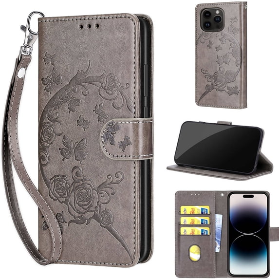 Embossed Pattern Wallet Case for iPhone 14 Pro, Flip Luxury PU Leather Case with Card Holder Wrist Hand Strap, Full Body Shockproof Protection Stand Folio Cover for iPhone 14 Pro, S3grey