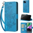 thumbnail image 1 of Embossed Pattern Wallet Case for iPhone 15 Plus, Flip Luxury PU Leather Case with Card Holder Wrist Hand Strap, Full Body Shockproof Protection Stand Folio Cover for iPhone 15 Plus, S4blue, 1 of 11