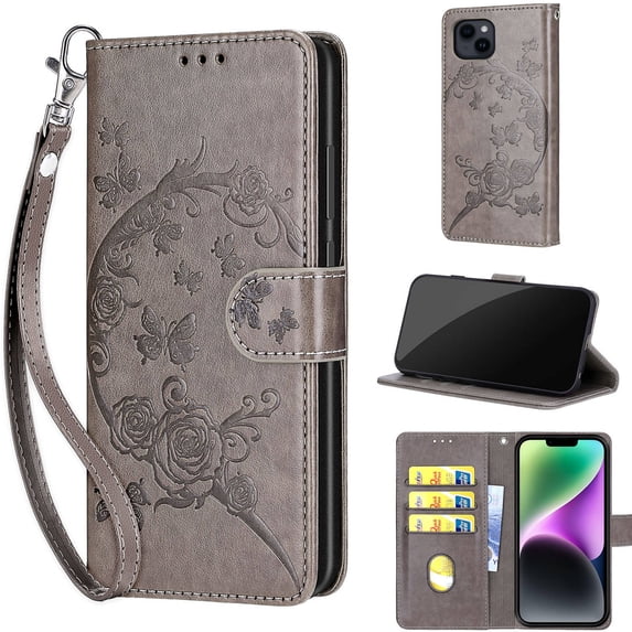 Embossed Pattern Wallet Case for iPhone 15 Plus, Flip Luxury PU Leather Case with Card Holder Wrist Hand Strap, Full Body Shockproof Protection Stand Folio Cover for iPhone 15 Plus, S3grey