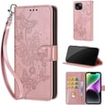 thumbnail image 1 of Embossed Pattern Wallet Case for iPhone 15 Plus, Flip Luxury PU Leather Case with Card Holder Wrist Hand Strap, Full Body Shockproof Protection Stand Folio Cover for iPhone 15 Plus, S4rosegold, 1 of 11