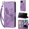 thumbnail image 1 of Embossed Pattern Wallet Case for iPhone 15 Plus, Flip Luxury PU Leather Case with Card Holder Wrist Hand Strap, Full Body Shockproof Protection Stand Folio Cover for iPhone 15 Plus, S5purple, 1 of 11