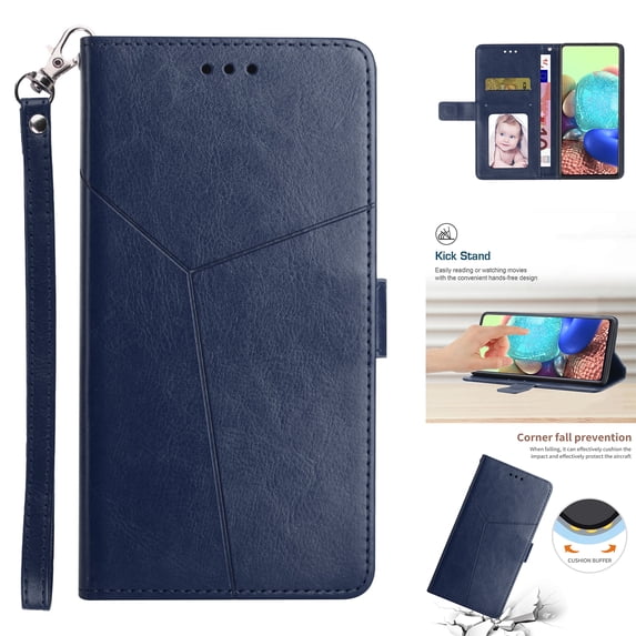 Embossed Pattern Wallet Case for iPhone 15 Plus, Premium PU Leather Wrist Hand Strap Card Slots Holder Flip Folio Cover with Kickstand Magnetic Clasp Shockproof Protection Case, Blue