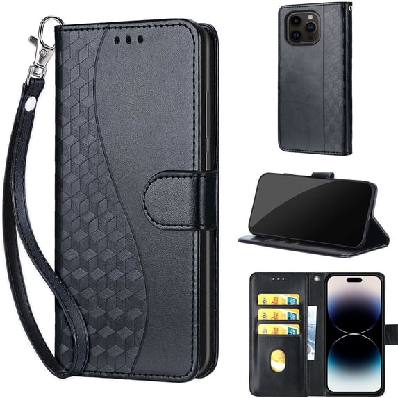 Embossed Pattern Wallet Case for iPhone 15 Pro Max, Flip Luxury PU Leather Case with Card Holder Wrist Hand Strap, Full Body Shockproof Protection Stand Folio Cover for iPhone 15 Pro Max, S2black