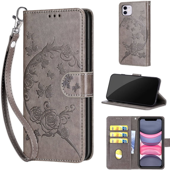 Embossed Pattern Wallet Case for iPhone 8 Plus / iPhone 7 Plus, Flip PU Leather Case with Card Holder Wrist Strap, Full Body Shockproof Stand Folio Cover for iPhone 8 Plus / iPhone 7 Plus, S3grey