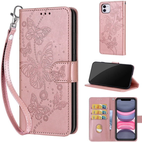 Embossed Pattern Wallet Case for iPhone 8 Plus / iPhone 7 Plus, Flip PU Leather Case with Card Holder Wrist Strap, Full Body Shockproof Stand Folio Cover for iPhone 8 Plus / iPhone 7 Plus, S4rosegold