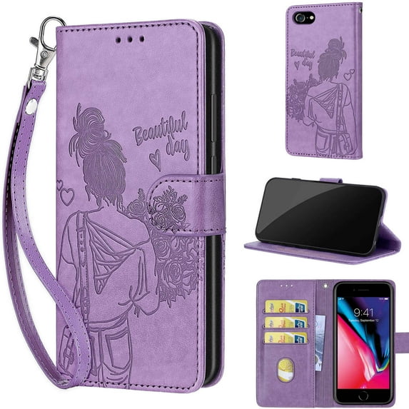 Embossed Pattern Wallet Case for iPhone SE 2022 & 2020, Flip Luxury PU Leather Case with Card Holder Wrist Strap, Full Body Shockproof Protection Stand Folio Cover for iPhone 7 / iPhone 8, S5purple