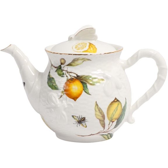 Embossed Porcelain Teapot, 36oz Cold Water Pot Coffeepot. Lemon and Bee Pattern